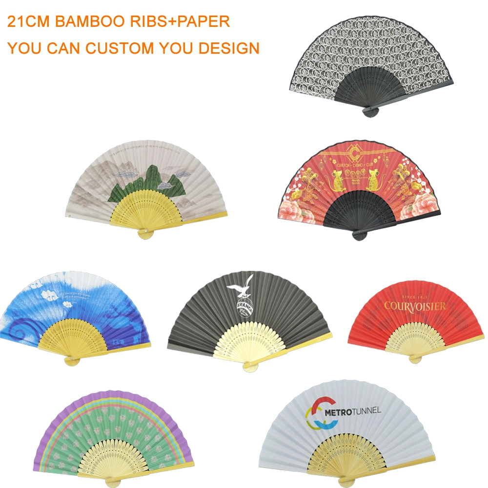 Custom Wholesale Wedding Party Fan Bamboo Paper Silk luxuoso Manual de impressão chinês Janpanese Fan mão