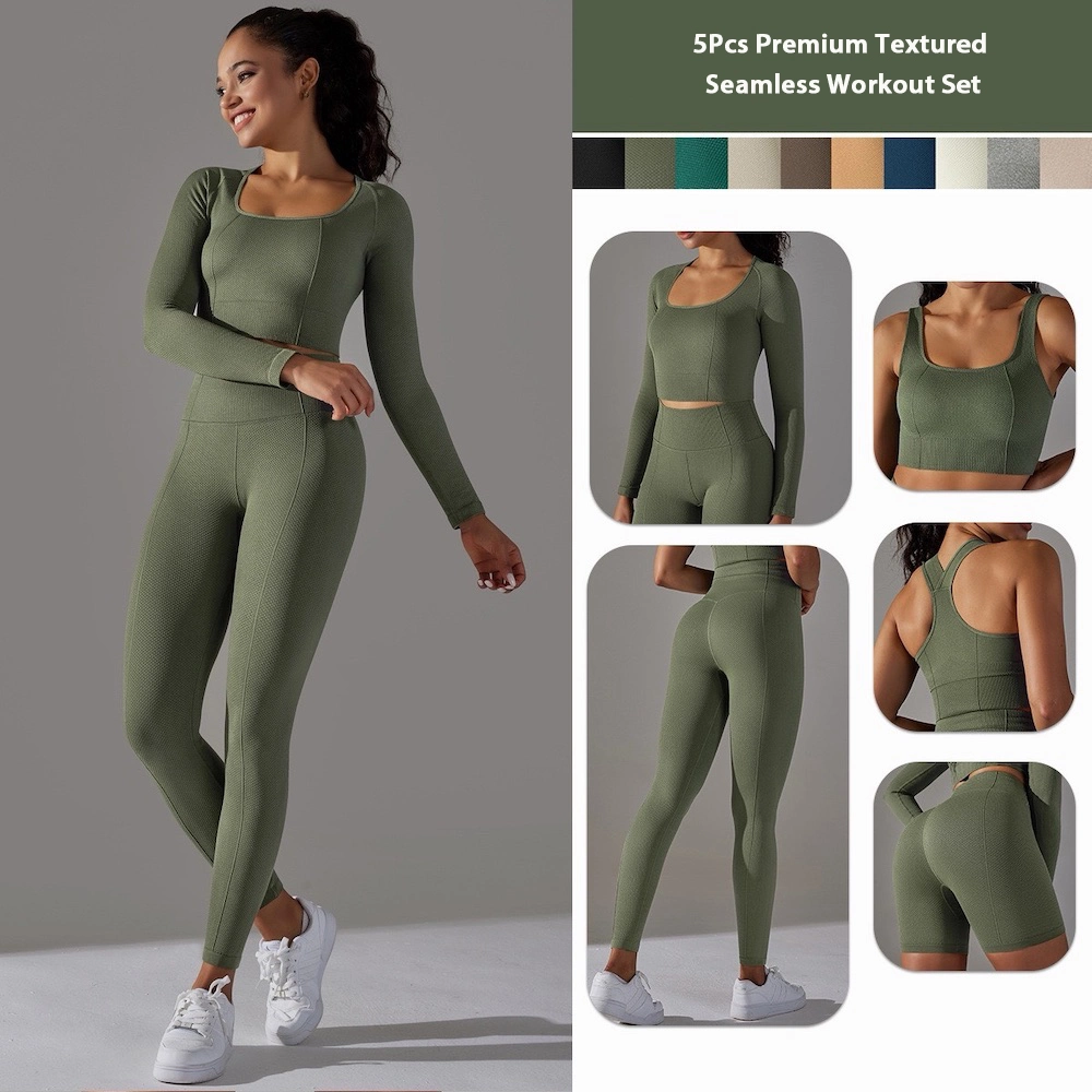 New Trendy 5 PCS Set Textured Ropa De Yoga High Stretchy Sports Clothing for Women, Workout Crop Top + Athletic Shorts + Gym Leggings Custom Seamless Activewear