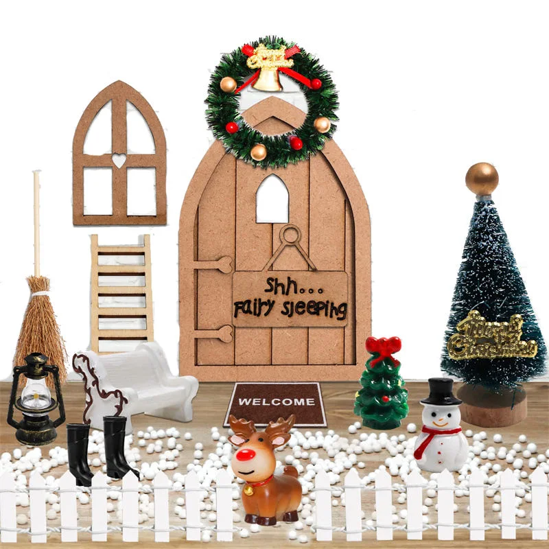 Wooden Christmas Gnome Door Set Dollhouse Miniature Christmas Fairy Elf Toys