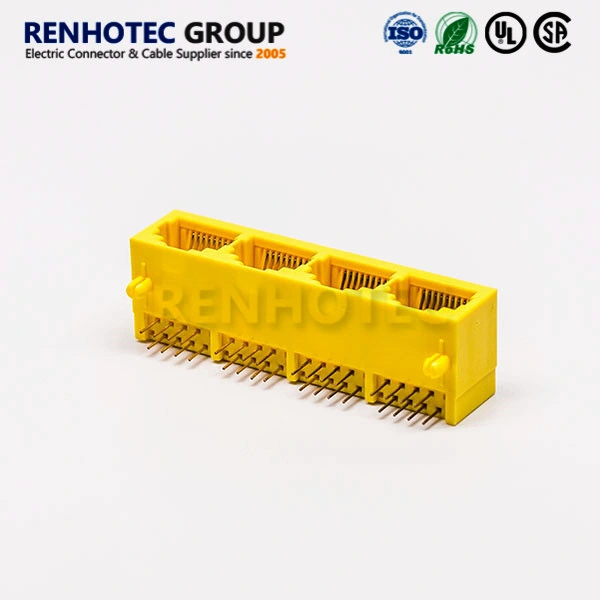 Yellow Colour 4 Port RJ45 Connector for PCB