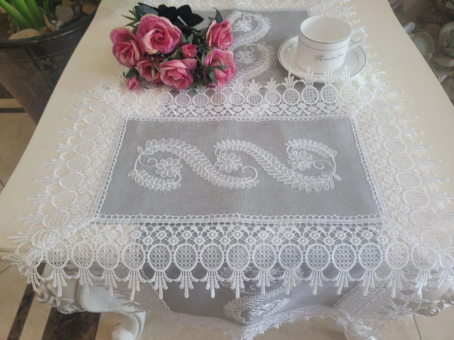 Ribbon Embroidery with Lace Border Table Cloth 5119