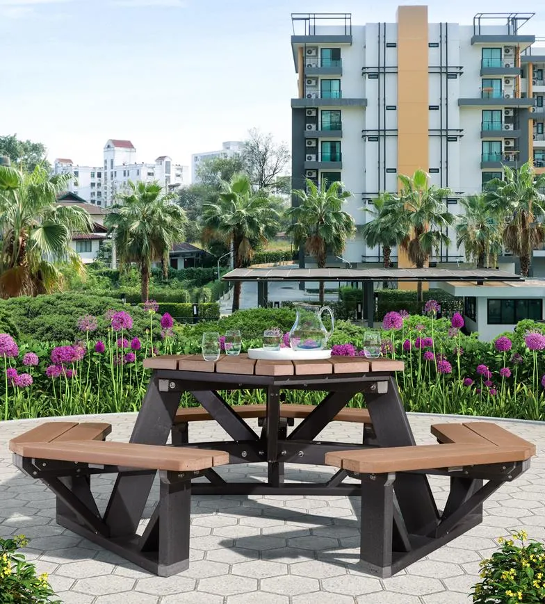 En el exterior de madera de plástico Jardín hexagonal de grandes conjuntos de Banqueta larga muebles