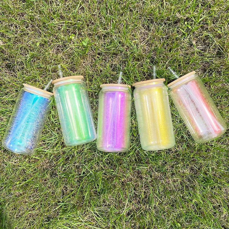 16oz 20oz Blank Sublimation Iridescent Rainbow Glitter Ombre Color Iridescent Glass Can with Bamboo Lid and Straw for Water, Wine, Beer, Cocktails