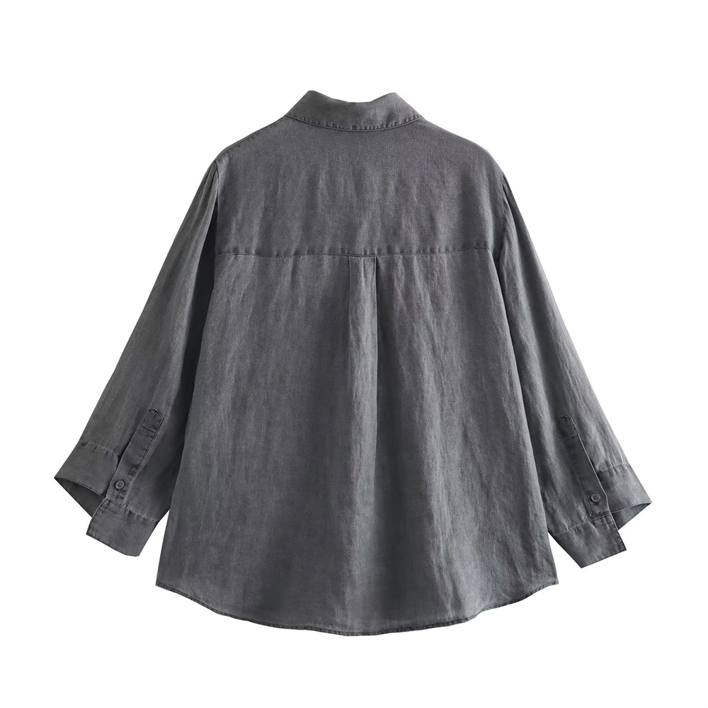 Pb&Za Women's Clothing Wholesale/Supplier Autumn Dark Gray Linen Shirt with Pockets