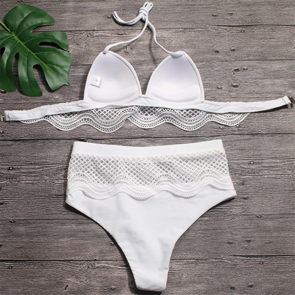 Women Low Waist Thong Bikini Set Two Piece White Color Swimsuit Lace Beach Wear