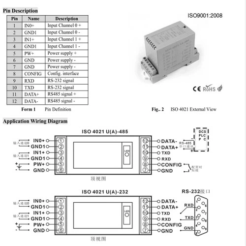 0-5 V /4-20 mA a RS485/RS232 A-D Converter la adquisición de datos la norma ISO 4021 U (A)