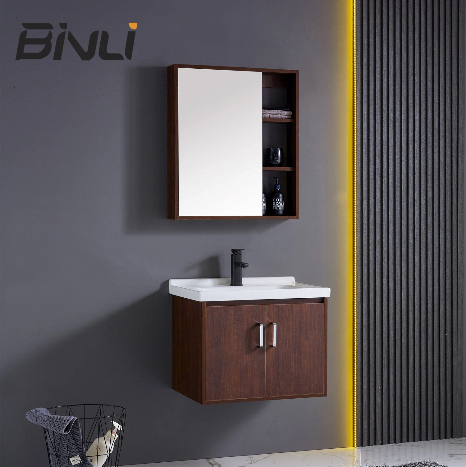 Un style moderne européenne 600mm vanité panneau en bois Salle de bains armoire avec miroir de salle de bains Binli Chaozhou Fabrication