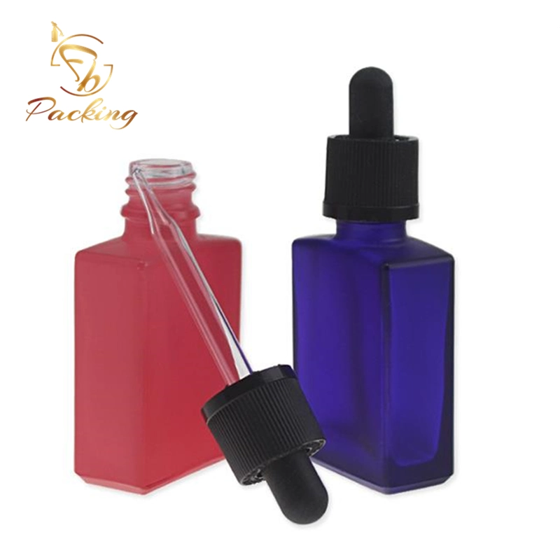 Factory Painting Colors Frosted Matte Pink Blue Rectangular Glass Bottle 30ml with Glass Pipette