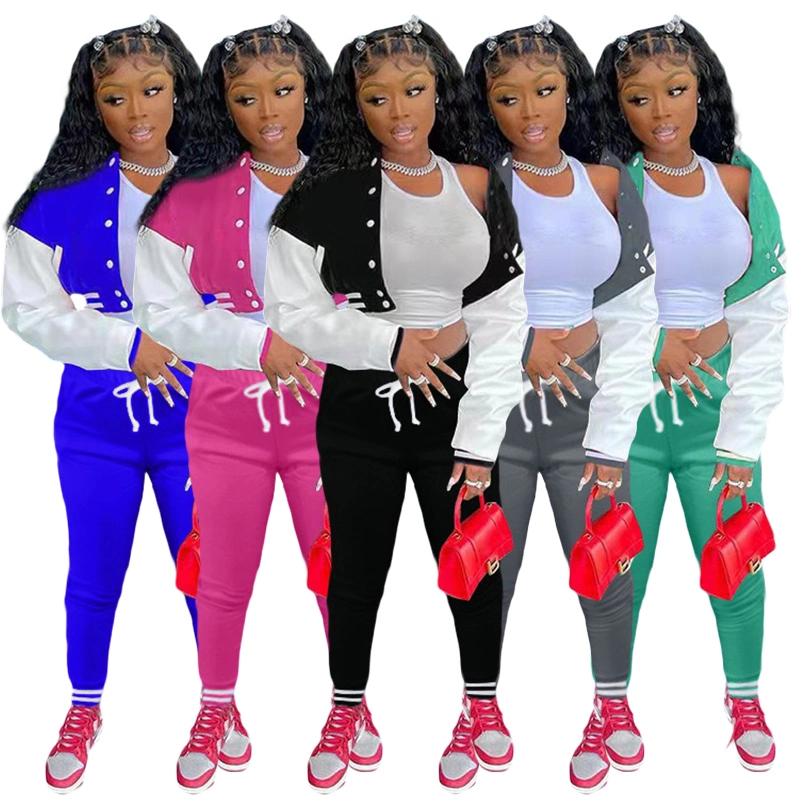 L286067 Rose Colorblock Jacket Single-Breasted Alphabet Print Sports Baseball Uniform Sets with Pockets