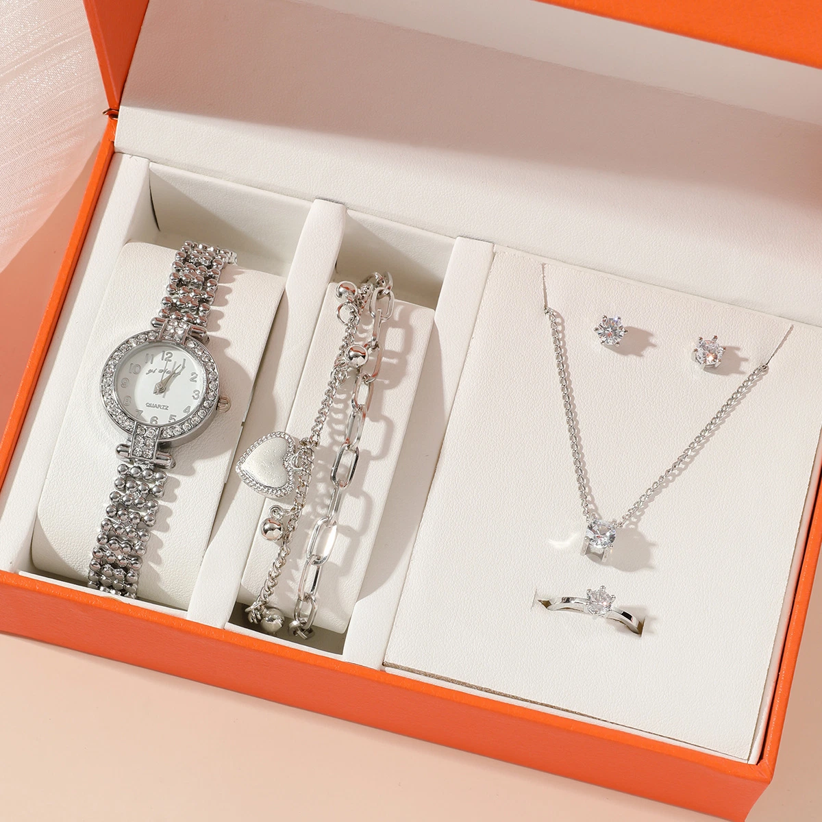 La banda de acero reloj de diamantes señoras reloj de cuarzo Conjunto 5 piezas de joyería