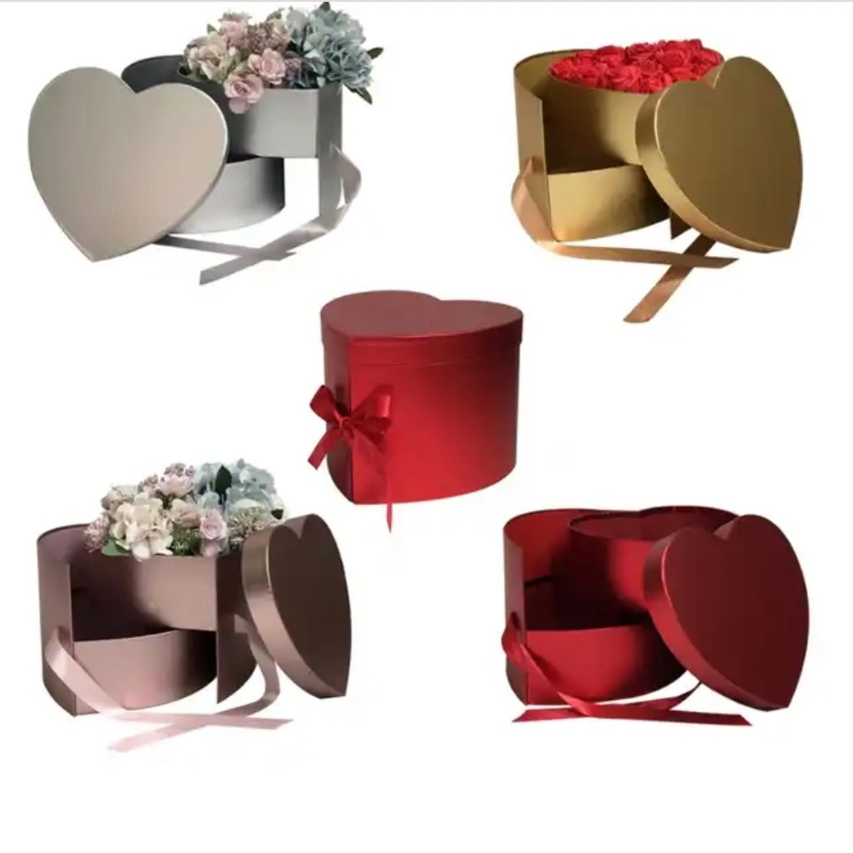 Papel metálico de alta qualidade em forma de coração caixa de flores Oferta rotativa de camada dupla Oferta de caixa
