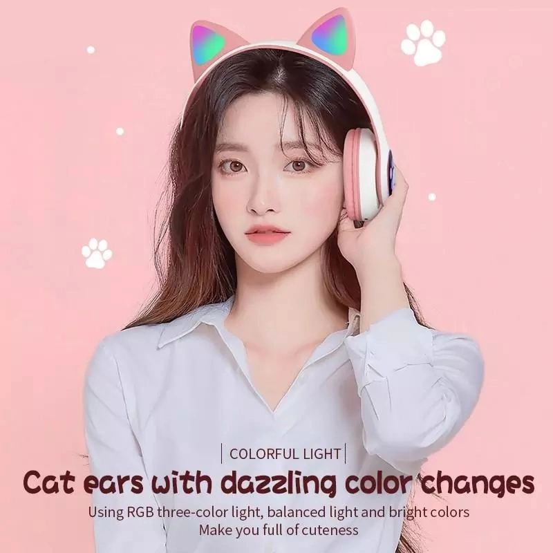 Cute LED Glowing Cat Ear Heavy Bass Stereo Wireless 5.0 Overhead Headphone with Mic for Childern Gift