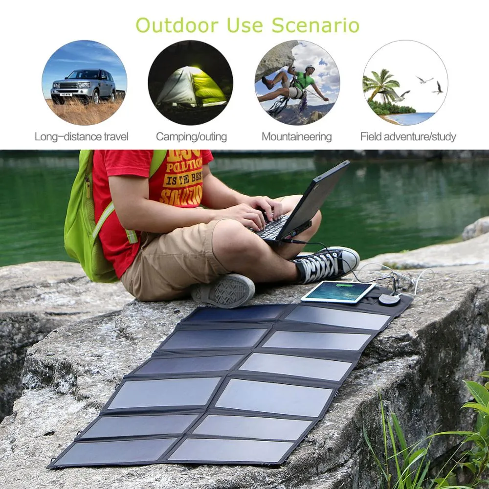 Panel solar portátil de uso al aire libre 18V 80W 12V Cargador Solar Flexible coche Cargador de batería para portátil de emergencia de Tablet PC con USB de carga