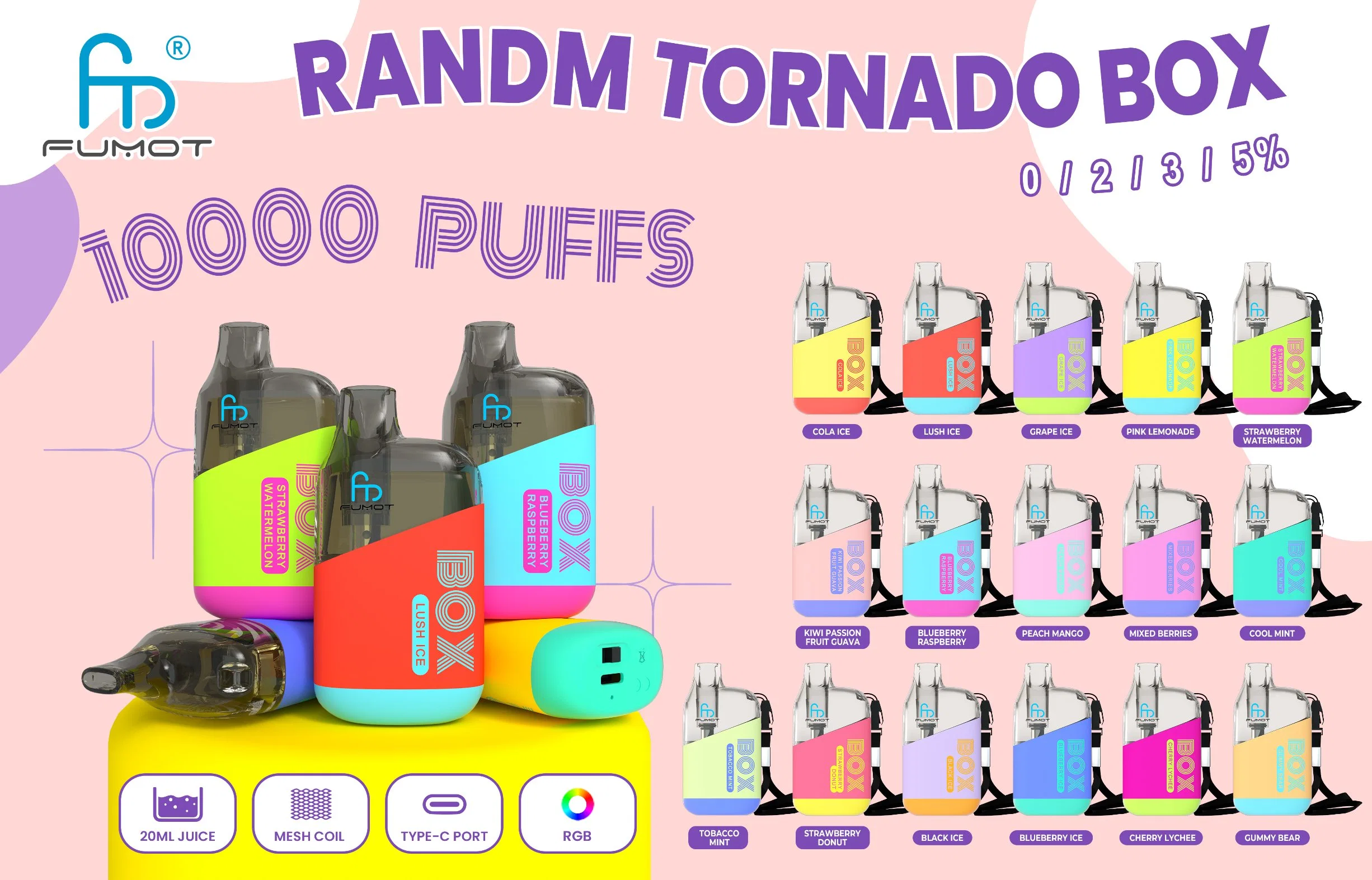 الجملة الأولى القرد القابلة لإعادة الشحن E السجائر القابلة للاستخدام 0/2/3/5% Fumot Randm Tornado Box 10000 Pffs Vape Puff