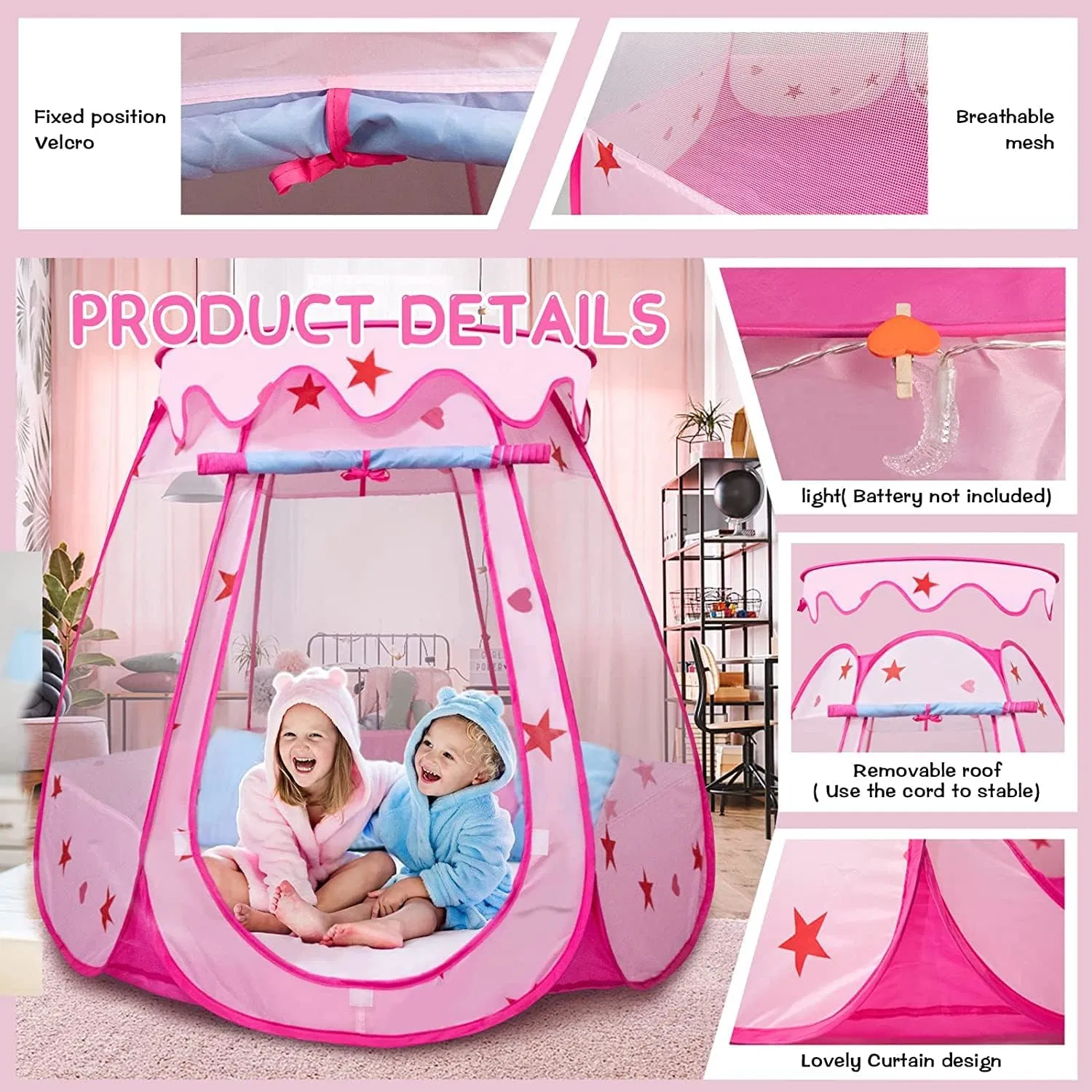 Kids Pop up Tent with Star Light and Clip, Girls Pink Princess Indoor & Outdoor Play Tent Small