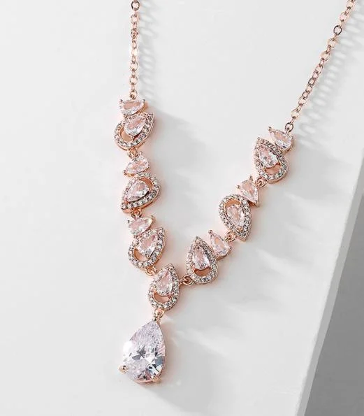 Wedding Pear Stone CZ Necklace Jewelry Set, Bridal Necklace CZ Necklace Jewelry Set, Bridesmaid Jewelry Set, Gift Jewelry, Rose Gold Necklace Jewelry Set