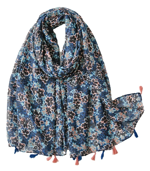 Customized Design Nice Ladies Purple Blue Printing Fashion Elegant Shawl Scarves Women Fresh Headband Wrap Hijab Stole Scarf with Small Flowers