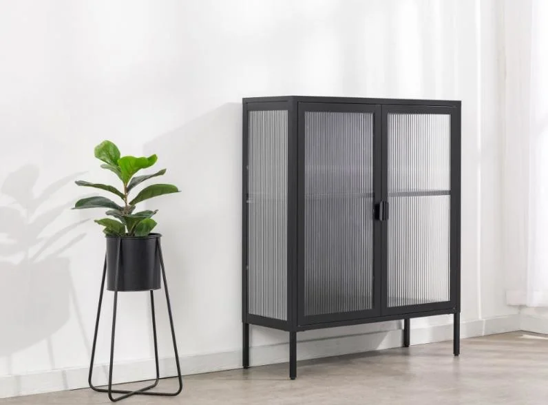 Fluted Ribbed Textured Glass Door and Sides Metal Display Cabinet