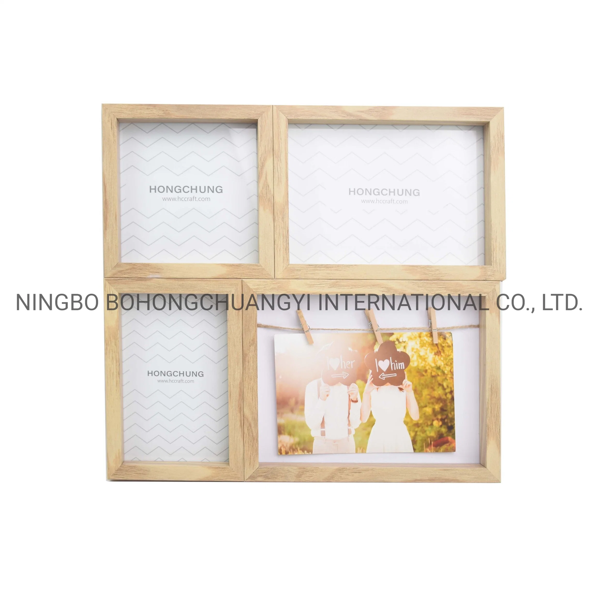 Natural Wood Frame Wall Mounted Collage Photo Frame Multi Openings Picture Frame