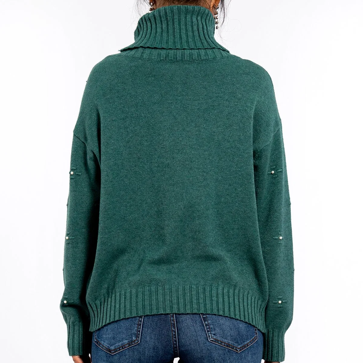 Women's High Neck Three-Dimensional Embroidery Pearl Long-Sleeved Green Sweater Pullover