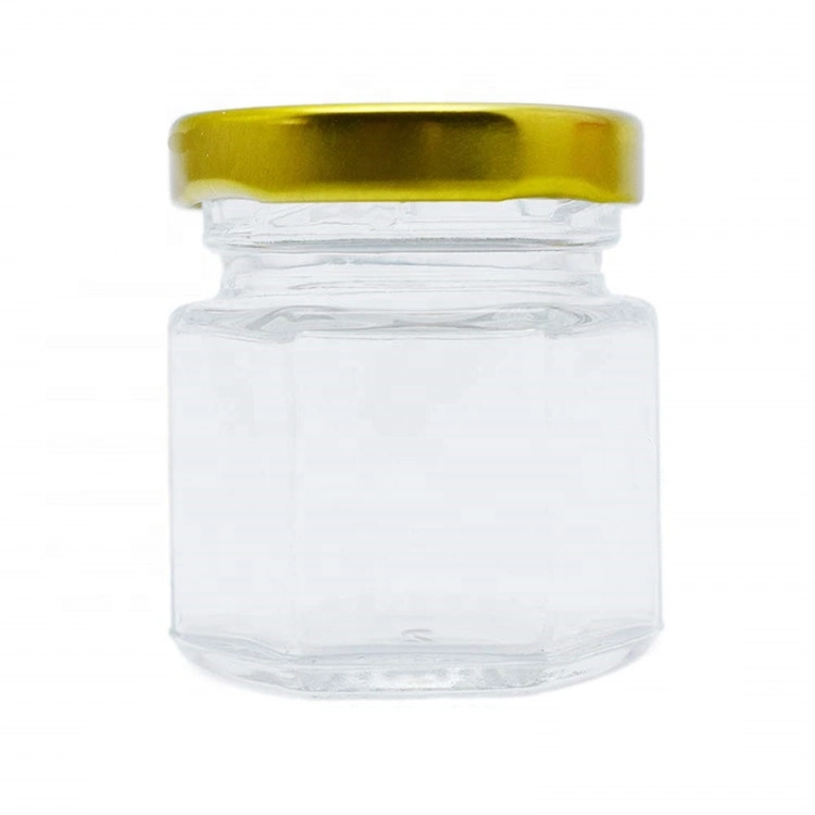 Hochwertige 1,5oz 45ml Hexagon Mini Glas Gläser mit Gold Deckel für Geschenke Hochzeit Gefälligkeiten Honig Marmeladen