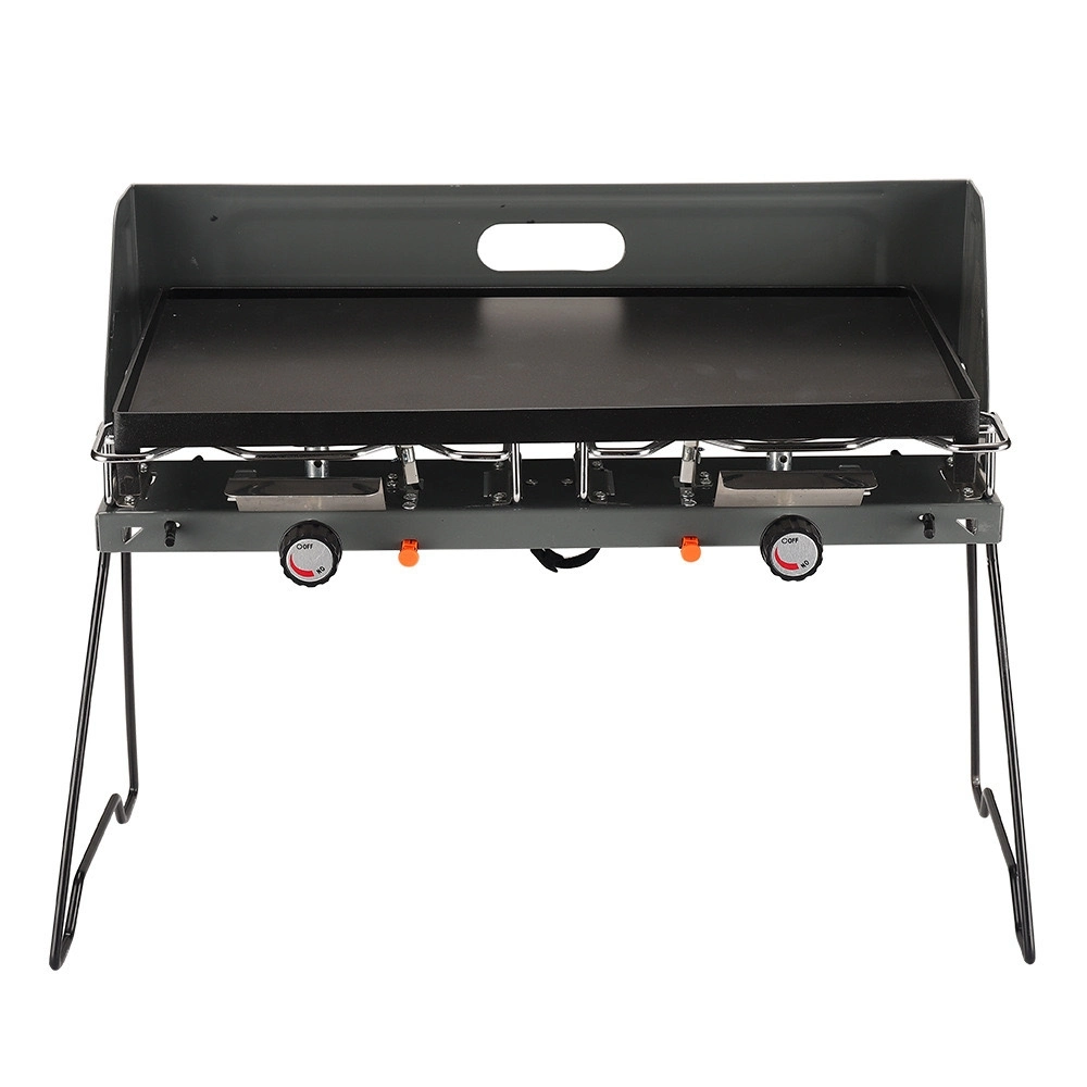 Estufa de gas con quemador doble exterior quemador de camping con brazos plegables Parabrisas para cocinar al aire libre Camping Picnic BBQ Bl23302