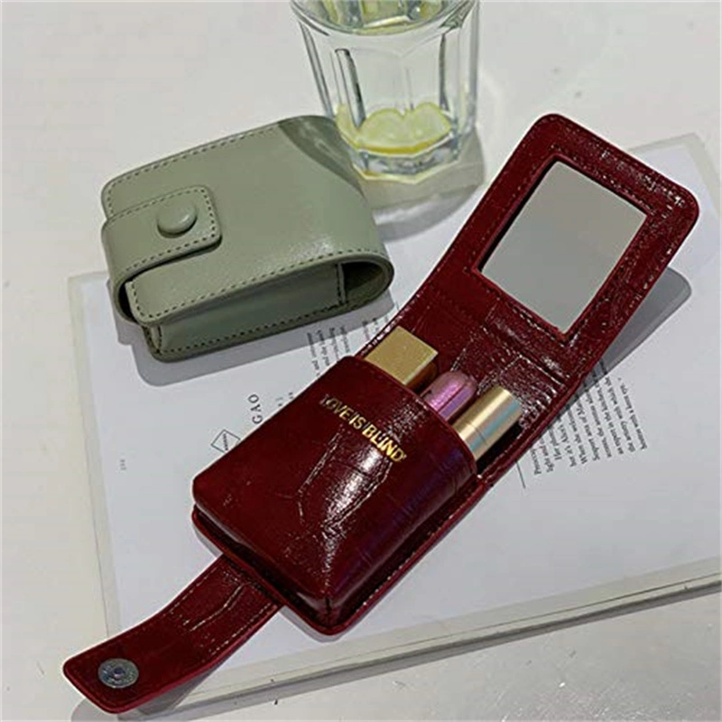 Leather Lipstick Case Holder Cosmetic Storage Kit with Mirror