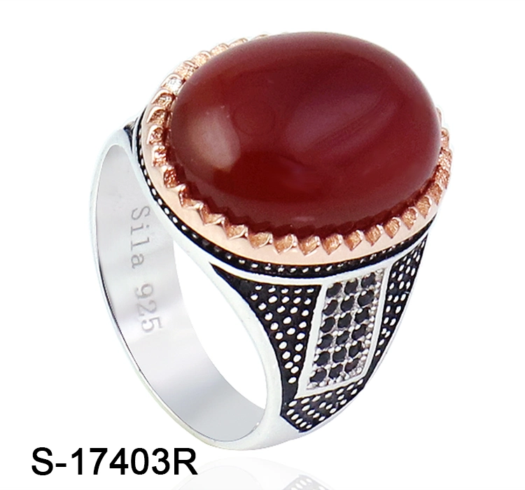 925 Sterling Silver Jewelry Islamic Red Agate Zircon Finger Ring for Man