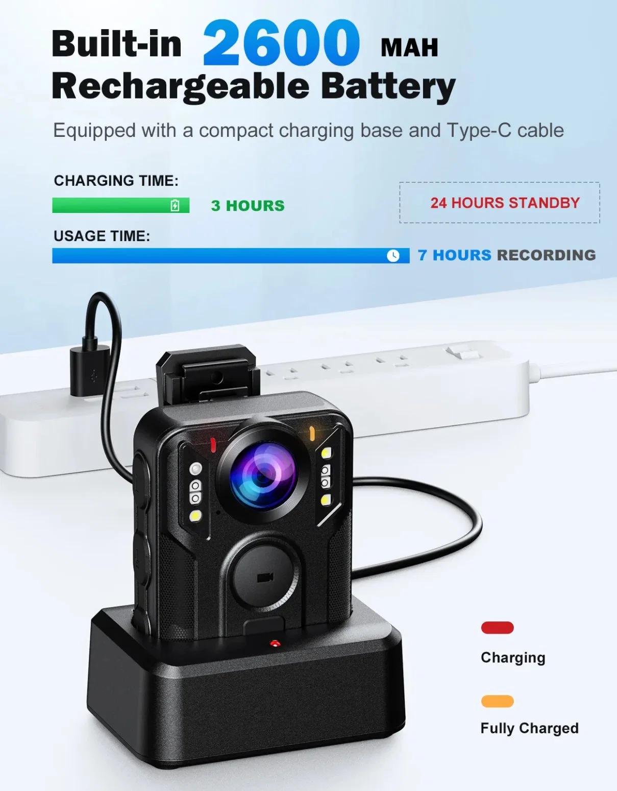 128GB 4K Body Mounted Camera with GPS, 3100mAh Battery for 10-12hours Shooting, Red-Blue Alarm