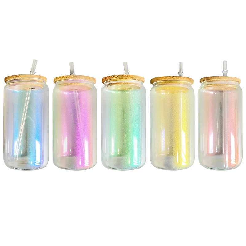 20oz Ombre Color Blank Sublimation Iridescent Rainbow Glitter Beer Glass Can Bamboo Lid and Straw