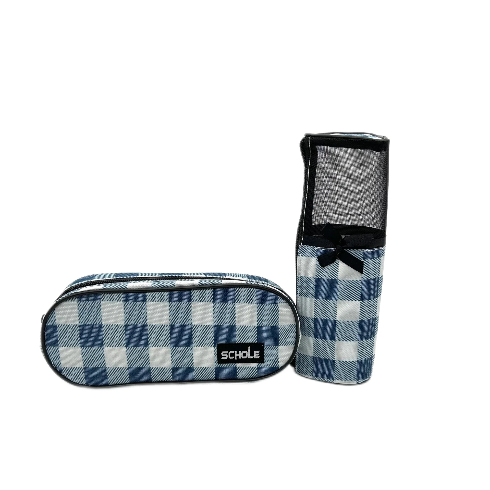 New Cross-Border Direct Sales Blue and White Plaid Black Net Bowknot Stationery Bag Pencil Case Set Manufacturers Wholesale/Supplier Student Supplies