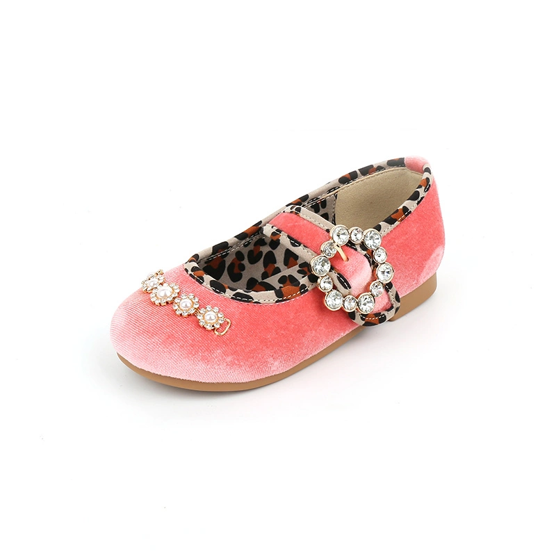 Velvet Pearl Embellishment Velcro with Rhinestone Buckle Flat Children Shoes