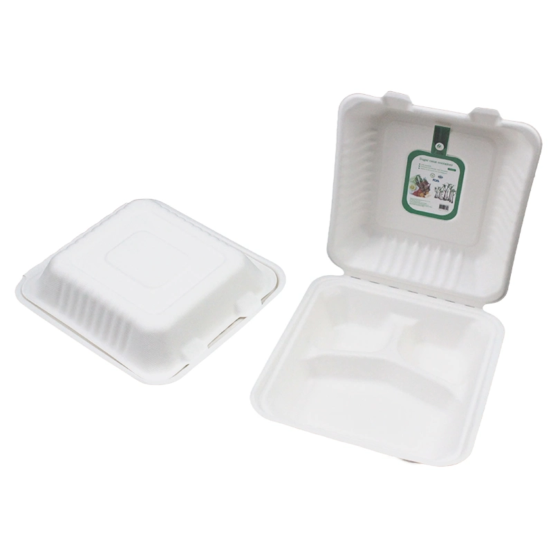 Biodegradable Tableware Sugarcane Bagasse Clamshell Paper Pulp Packaging Lunch Box