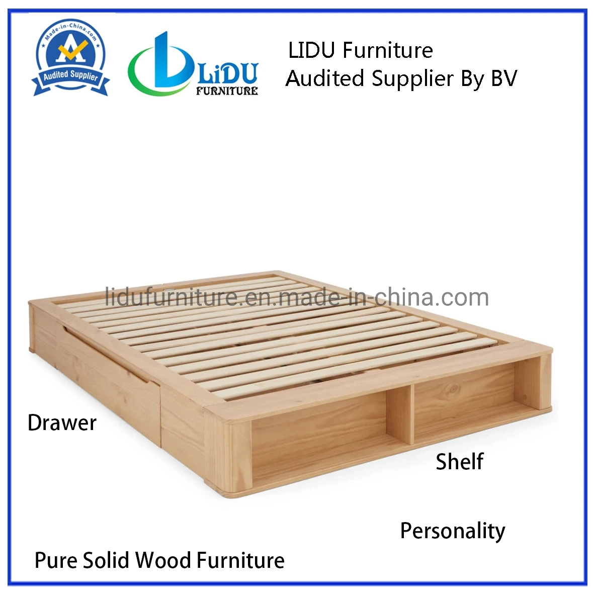 Professional Queen Bed Wood Pine Wood Bed Oak Wood Bed with Drawer/Shelf