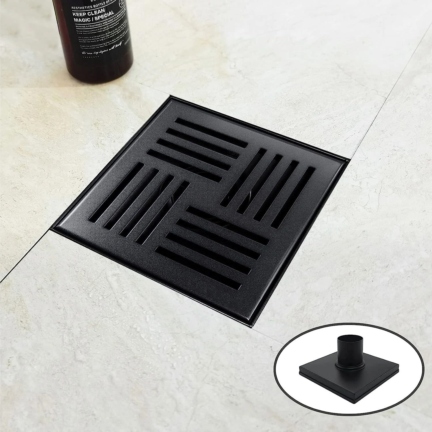 Square Shower Drain Black/304 Stainless Steel with Removable Drain Grate Stainless Drain