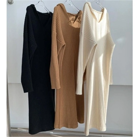 Koreanischer Lazy Wind Kapuzenkleid Langer Hoodie Über Dem Knie Gestrickter langer Rock IN MITTLERER Länge Lässiger Pullover mit Abseilung