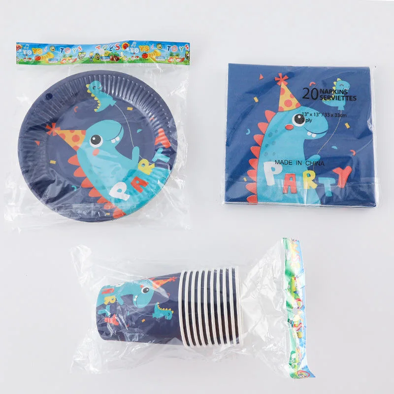 Niedliche Dinasor Cartoons Geschirr Set enthält Papier Set von Teller Tasse Tissue Supplies Dekorationen Servietten Wiederverwendbare Kunststoff Porzellan Papier Dinner Platten