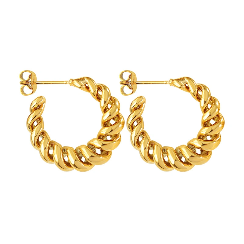 Fashion Brass Gold Plated Geometric Hollow C Shape Twisted Croissant Design Hoop Stud Earring Jewelry for Women Girls