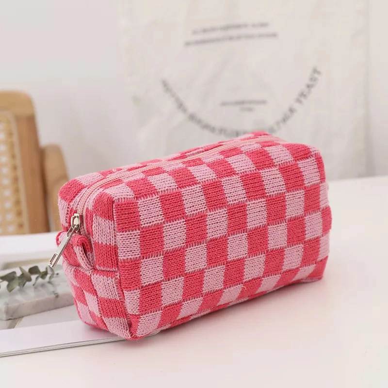 Retro Knit Plaid Portable Travel Cosmetic Storage Bag Women Makeup Organizer Stationery Bag Pencil Case Pen Box Student Supplies