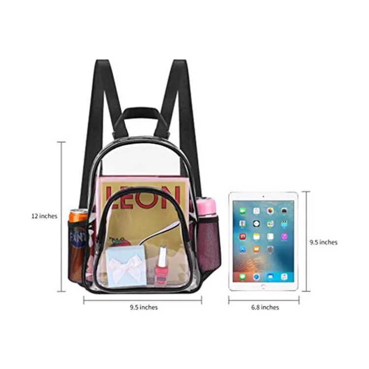 Clear Transparent Stadium Approved Heavy Duty PVC Backpack with Side Mesh Bag