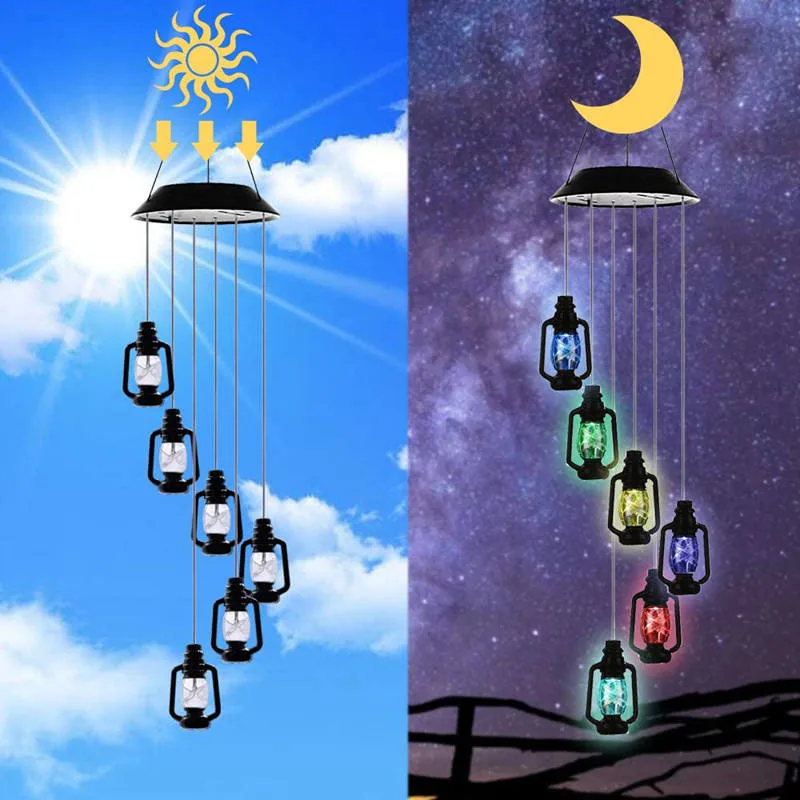 LED Solar Wind Chime Crystal Ball Hummingbird Wind Chime Light Color Changing Waterproof Hanging Solar Light for Home Garden