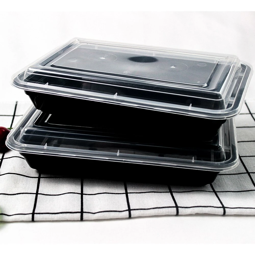 Custom Disposable Plastic Tableware 218mm Length PP Plastic Rectangle Black Box with Lid for Fast Food