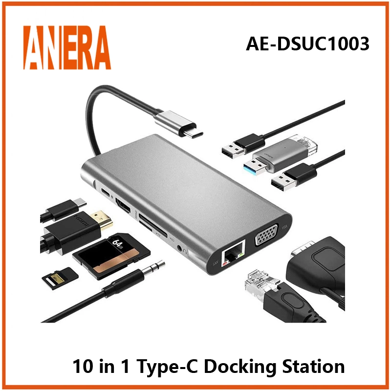 Plena tipo C para HDTV Adaptador USB 3.0 HUB 10 en 1 de la tarjeta de Múltiples pantallas Leer Powered tipo C de la estación de acoplamiento para portátiles.