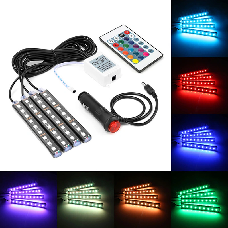 السيارة في الجو الداخلي LED ضوء RGB شريط ضوء أسفل القدم شريط LED الأحمر والأخضر والأزرق (RGB) الإضاءة الخفيفة الزخرفية التحكم في الصوت موسيقى متعددة الإضاءة