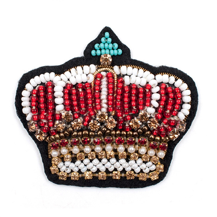 Factory Custom Logo Indian Silk Material Hand Embroidered with Diamond Crown Style Sequins Beaded Badge Patch