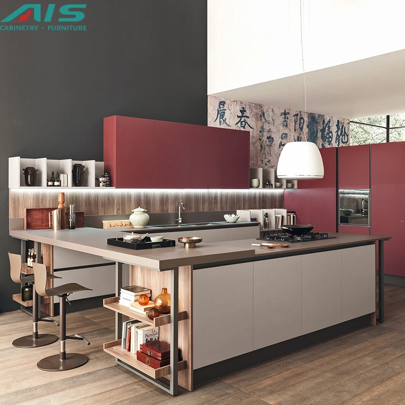 AIS European Elegant High End Good Quality Cheap Price Complete Floor to Ceiling Furniture Red Lacquer Kitchen Cabinets