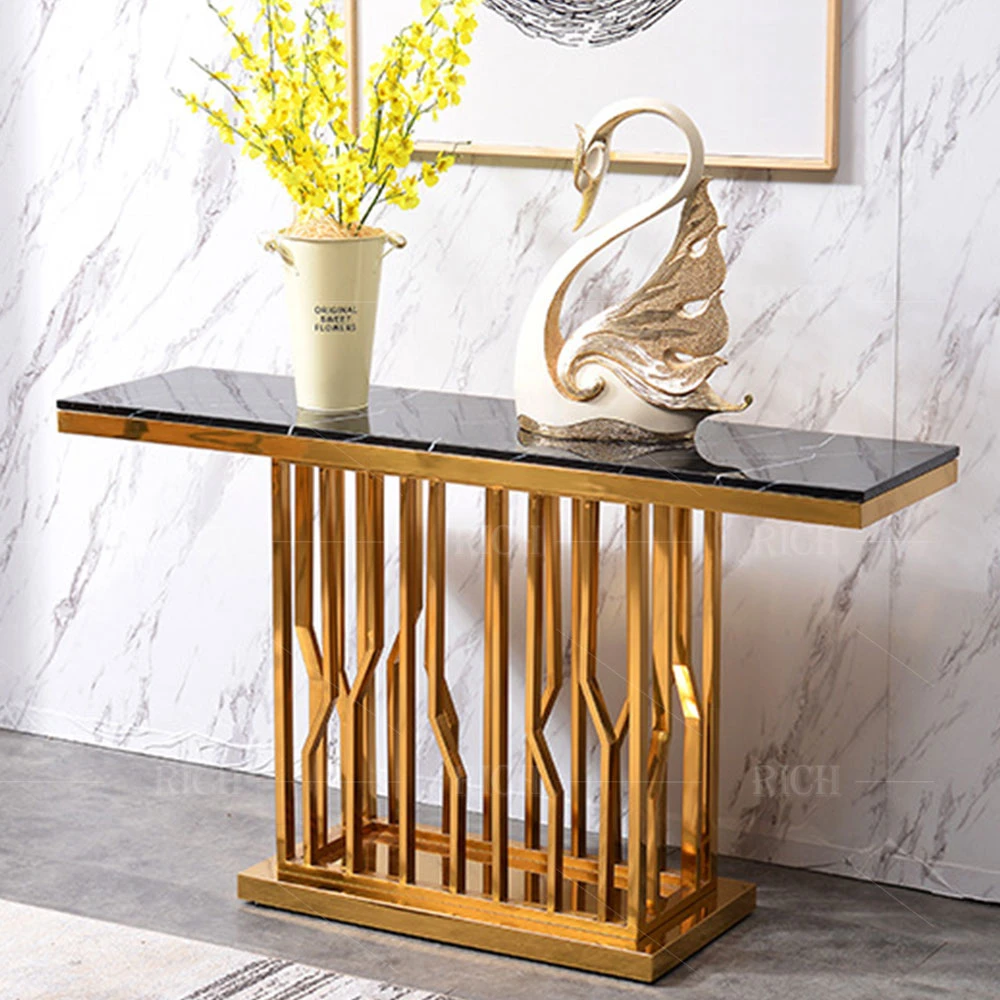 Living Room Hall Marble Top Entryway Stainless Steel Gold Metal Frame Marble Hallway Console Table