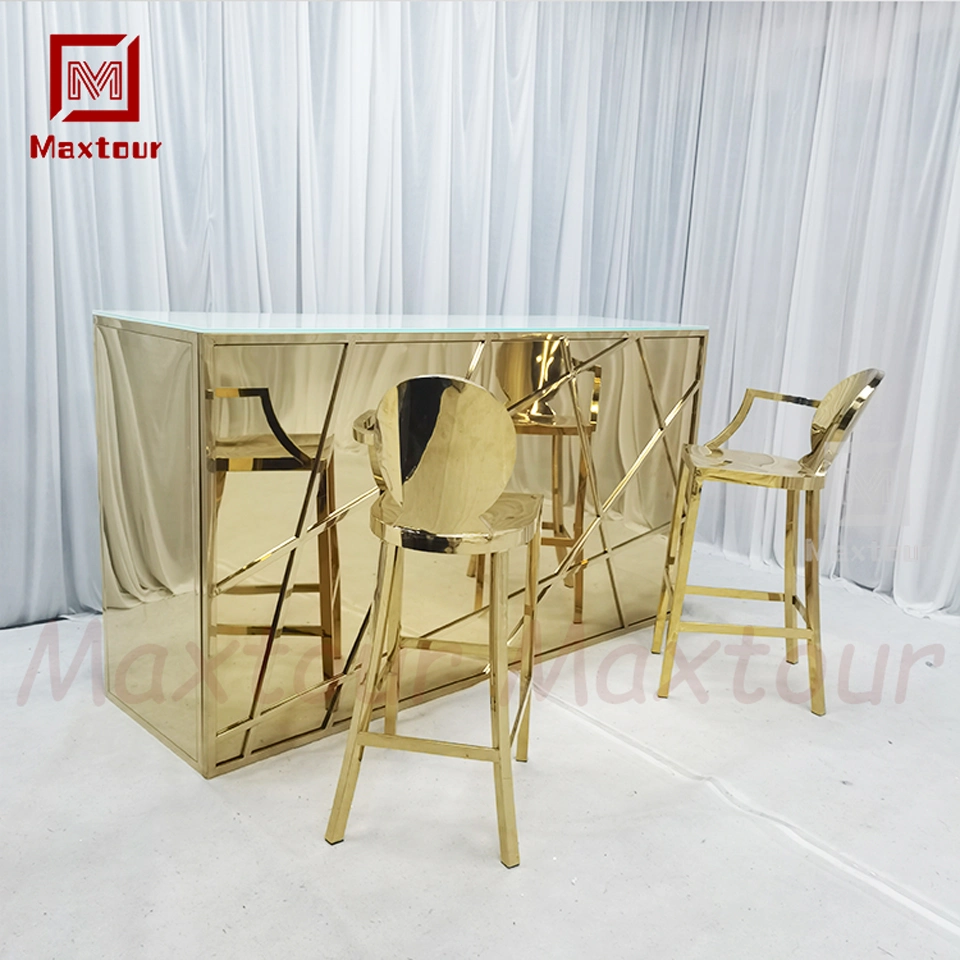 Luxus Full Gold Chrom Stahl Bar Tisch Glas Tischplatte Mit Barstühlen für das Hotel