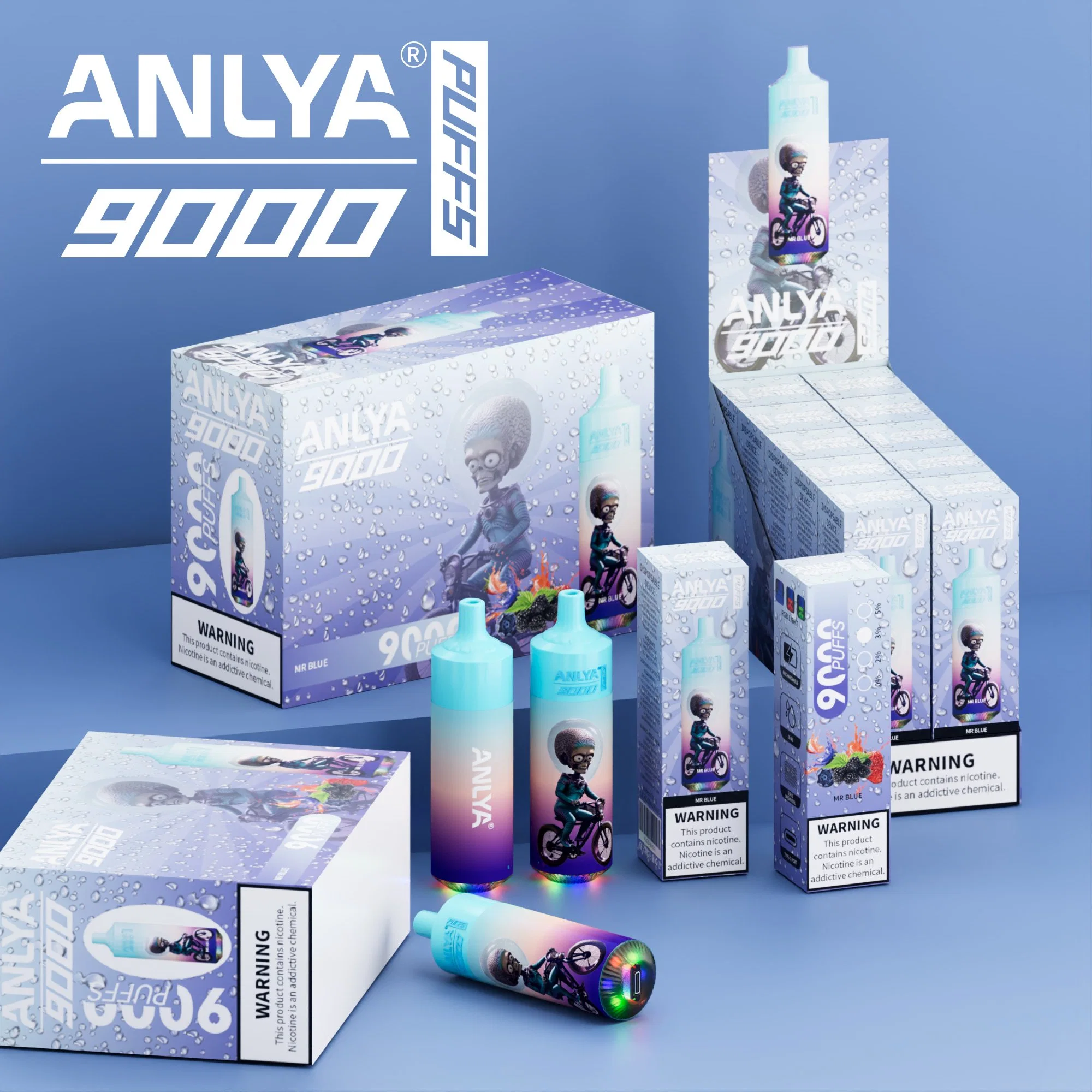 Anlya dispositivos de vaporización Randm Tornado 9000 Puffs desechables E-cigarrillos VAPE 1,5ohm cable bobina 18ml Pod batería recargable electrónica CIGS 9000 Soplos 0% 2% 3% 5%