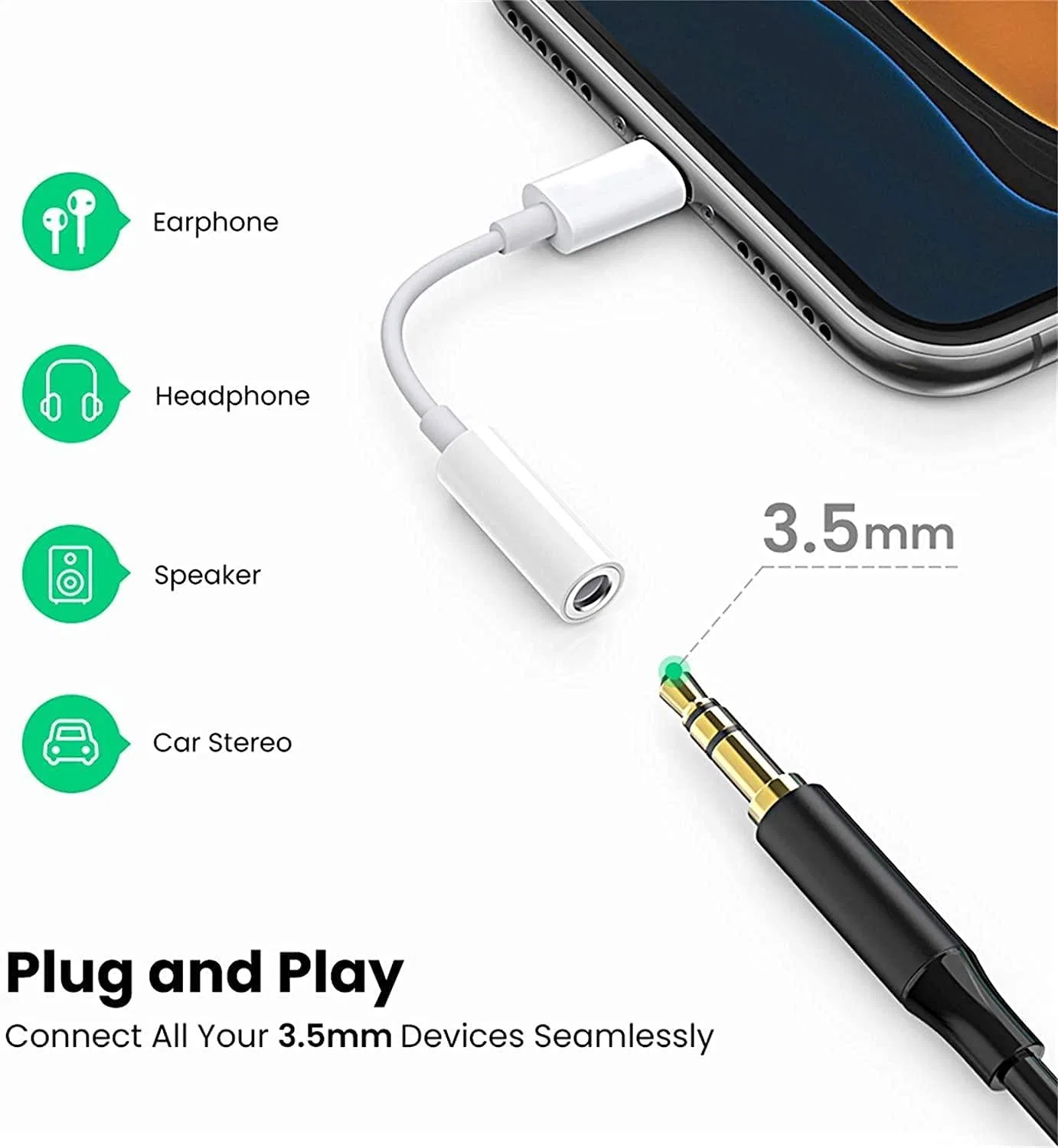 Audio Aux Adapter Lightning to 3.5mm Jack Headphones for iPhone